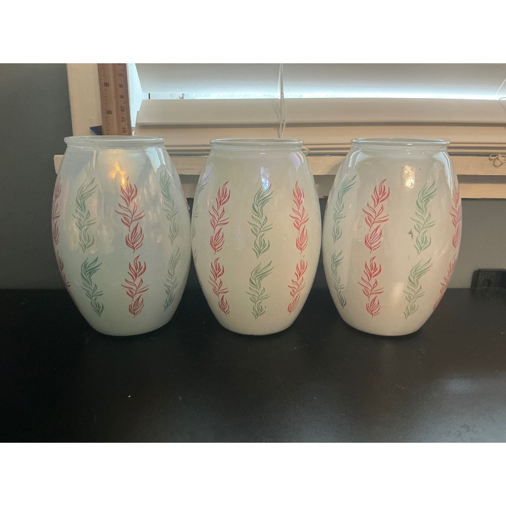 Vintage Iridescent Glass Hurricane Shades Set of 3 Botanical Coral Green 8 Inch